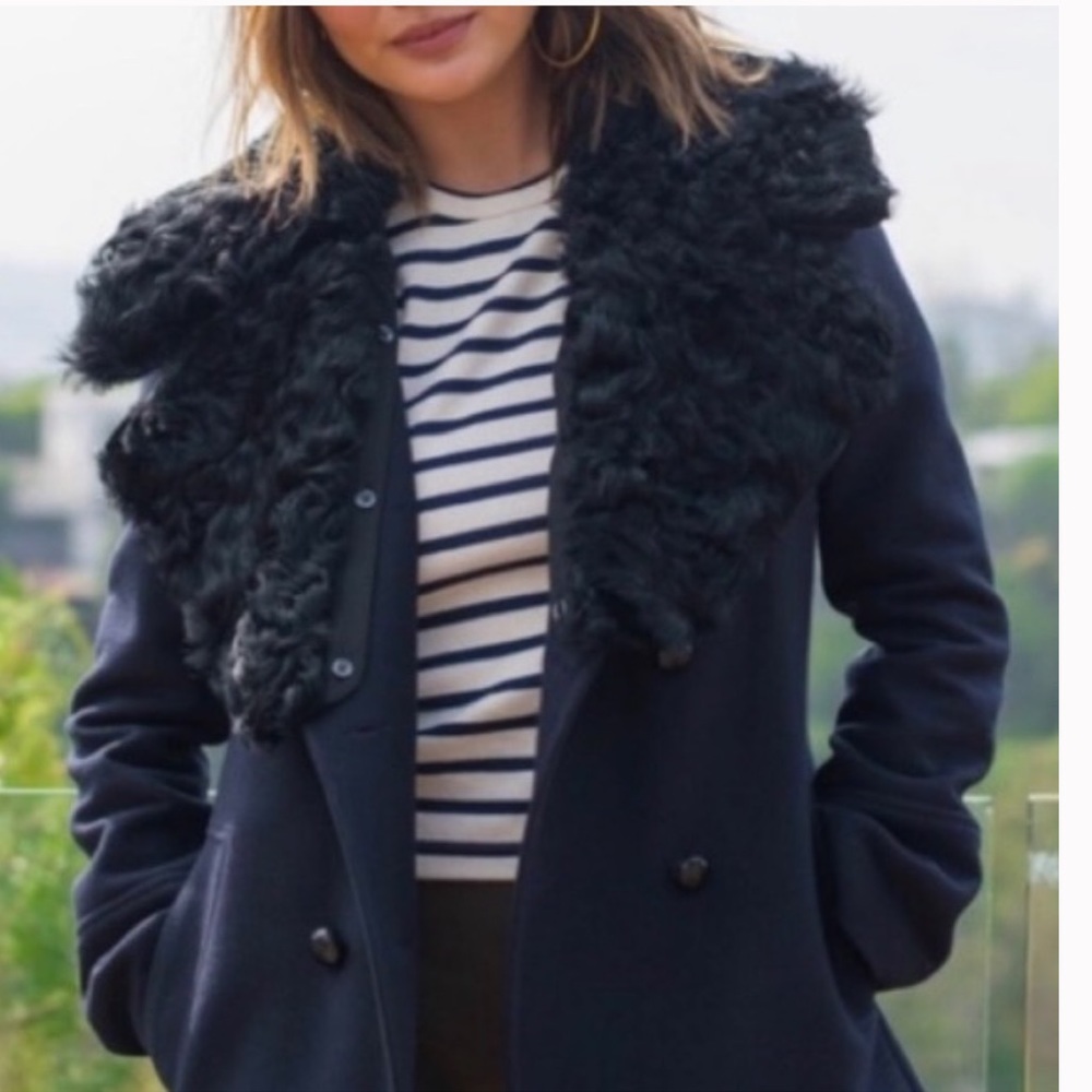 A.L.C. WILSON SHEARLING COLLAR DOUBLE BREASTED PEA COAT REAL LAMB FUR COLLAR NEW